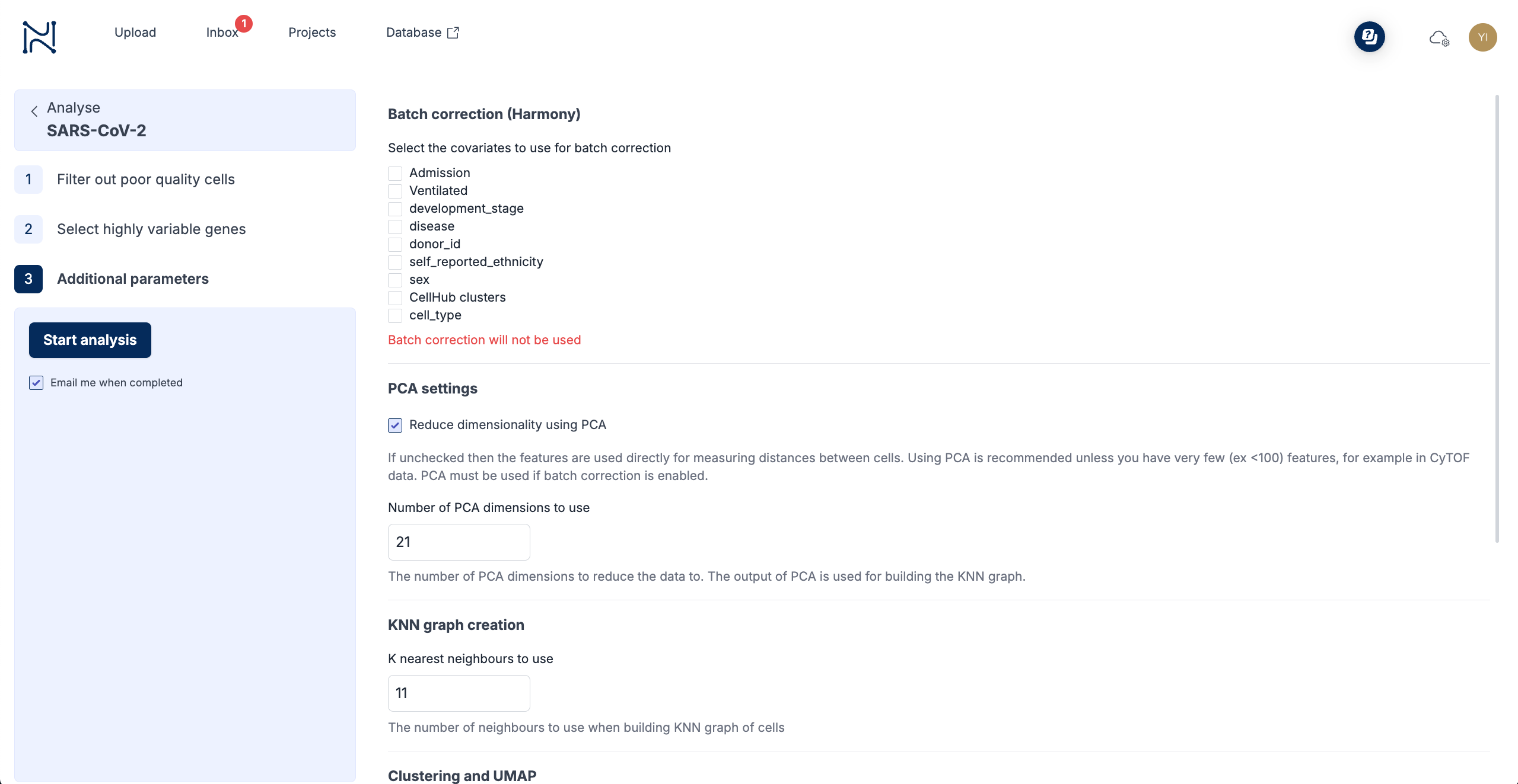 2b: Batch correction settings panel for removing technical variation between datasets prior to analysis.