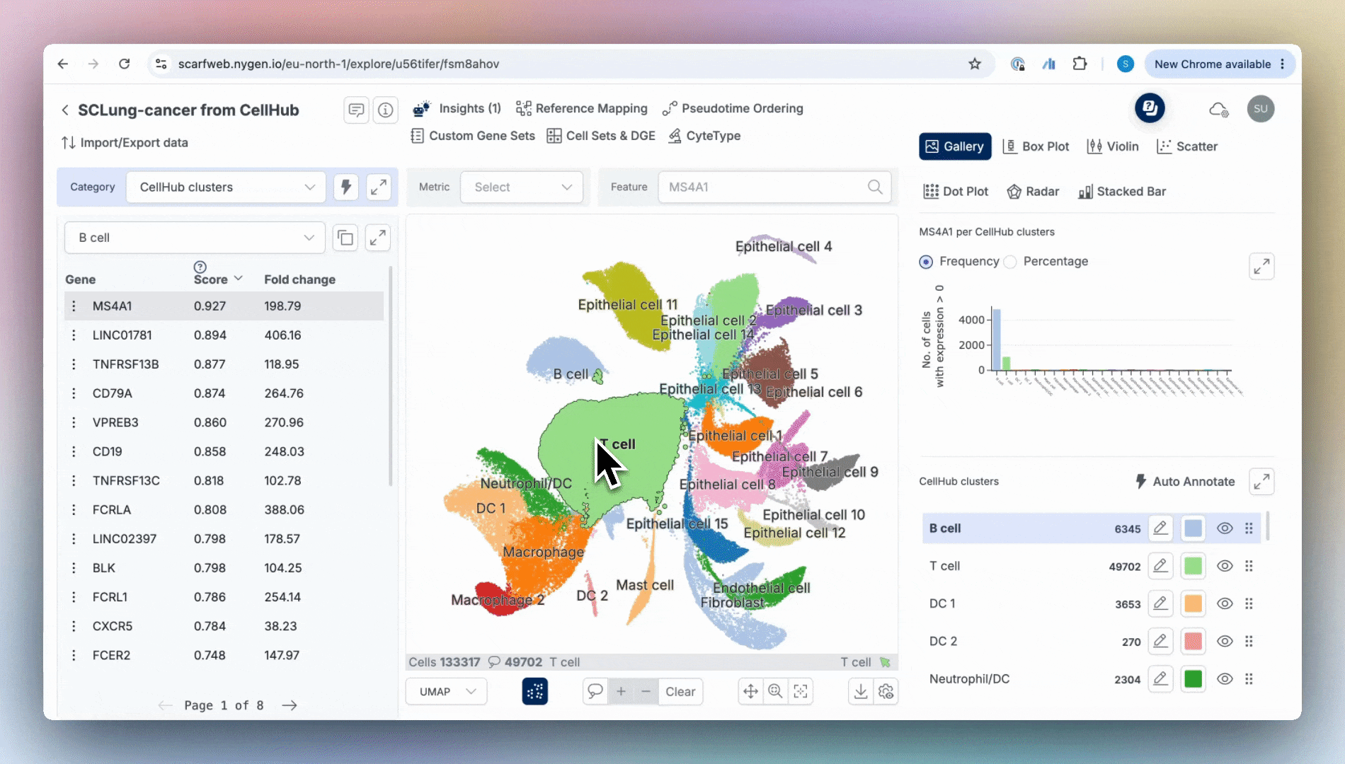 ScarfWeb interface showing CyteType integrated in the browser workflow, with annotation results and cluster-level evidence visible