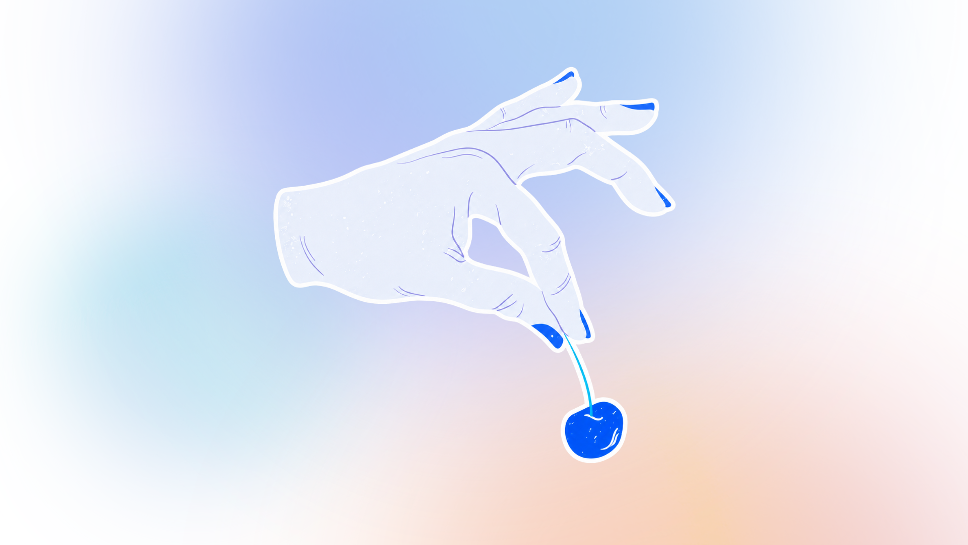 Cover image with a hand picking a single blue cherry against a soft pastel gradient background