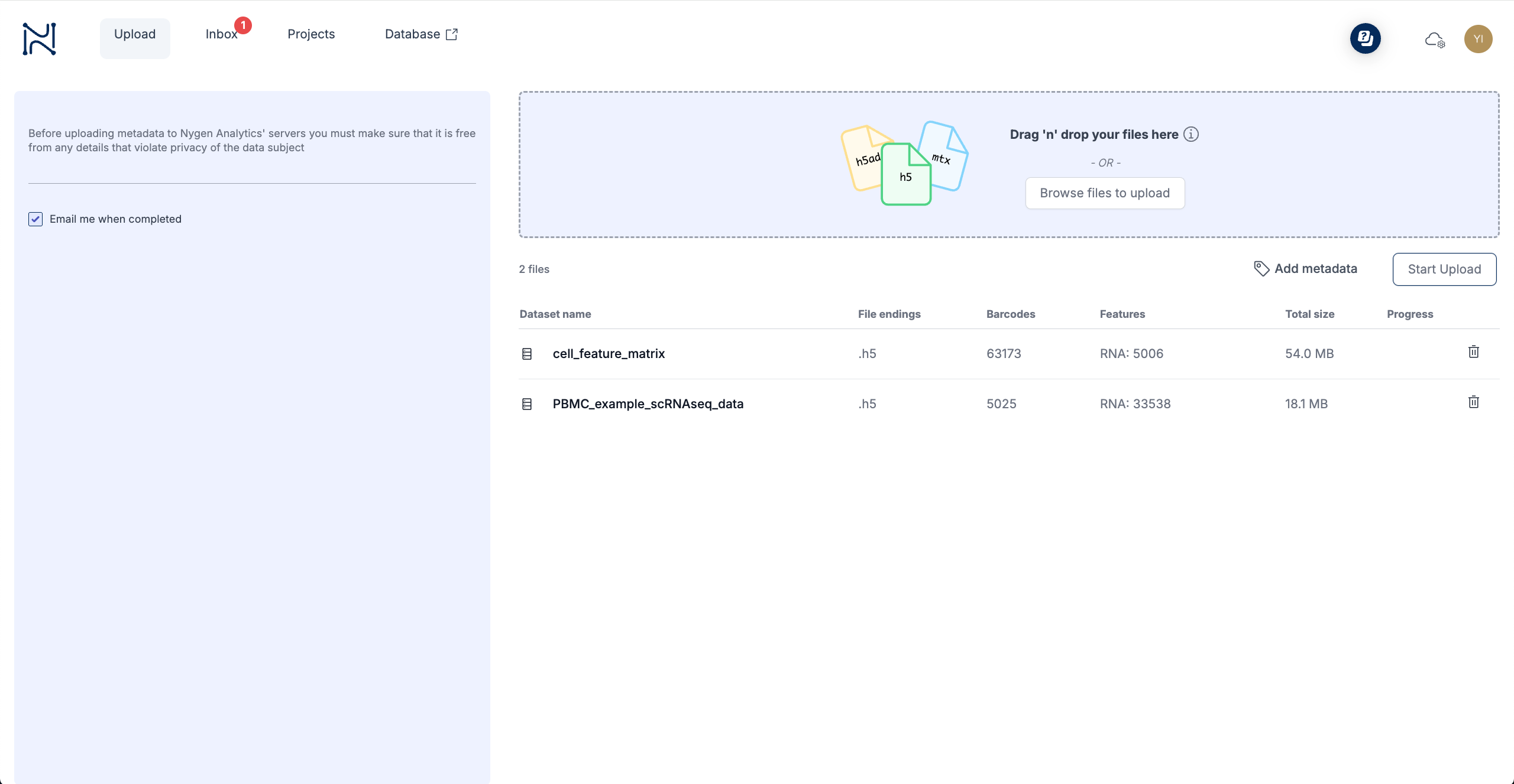 ScarfWeb data upload and setup page where researchers upload single-cell datasets and assign metadata labels for multi-condition comparisons.