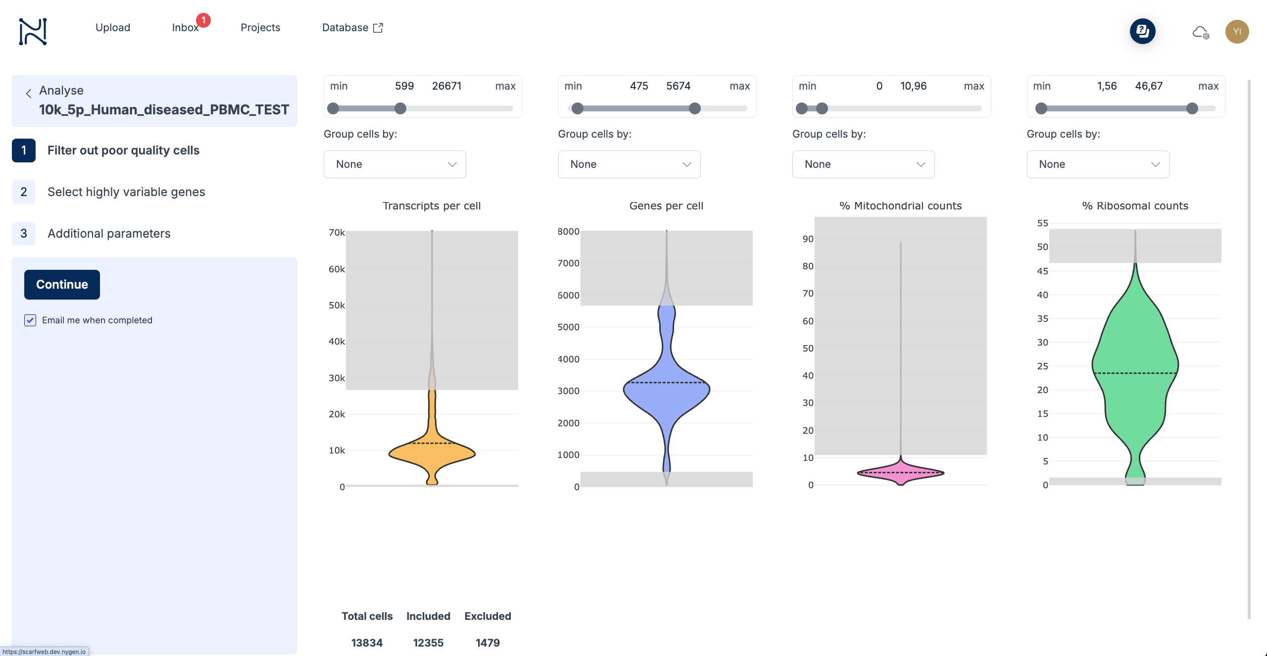 ScarfWeb interactive quality control interface with adjustable sliders and parameters for filtering low-read cells, high mitochondrial gene percentage, and data normalization.