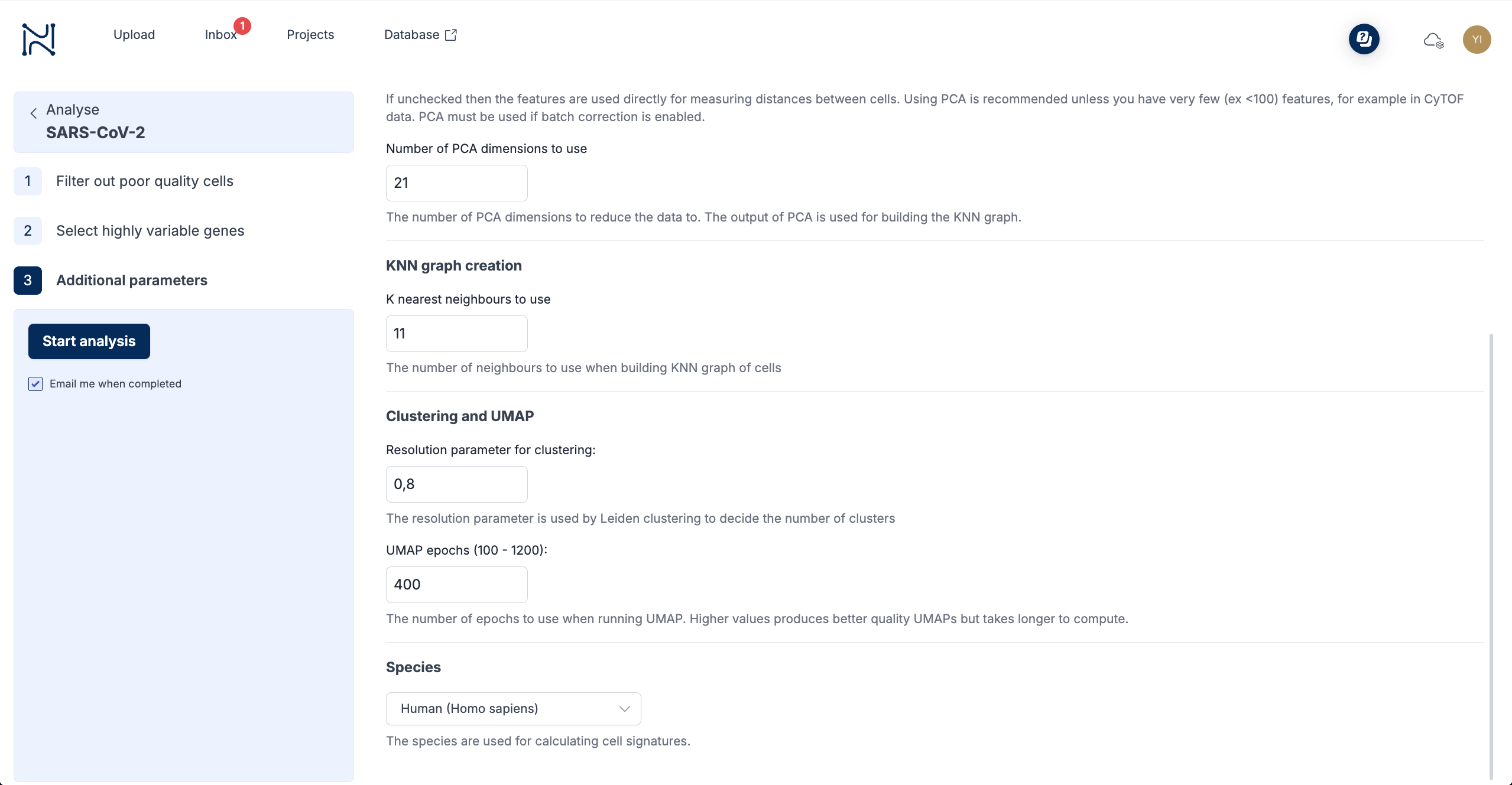 ScarfWeb clustering and embedding interface with UMAP visualization, cluster resolution slider, and dimensionality reduction settings for Leiden clustering.