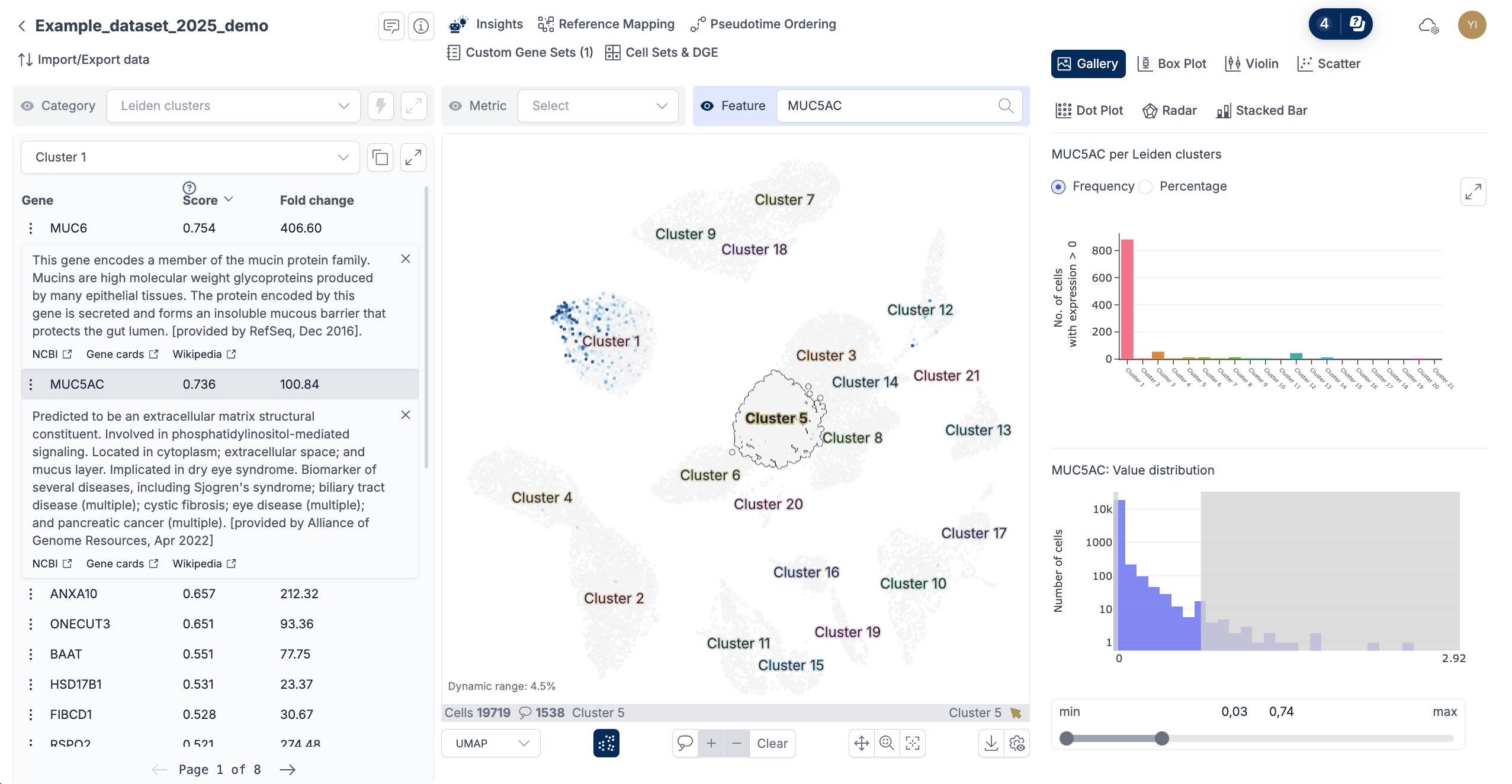 ScarfWeb AI-powered gene information panel displaying a biological summary, expression context, and automatically cited literature sources for a selected marker gene.
