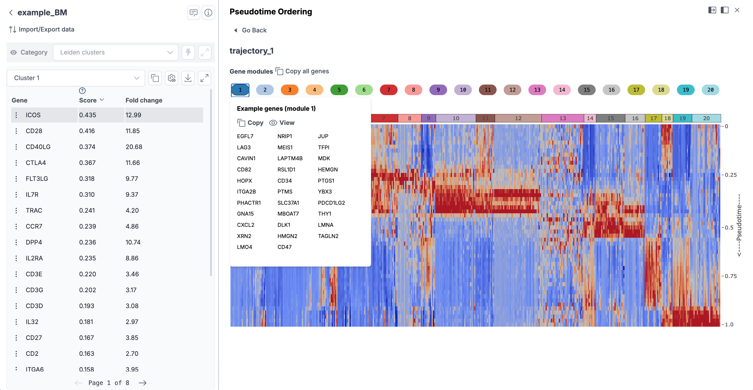 ScarfWeb pseudotime analysis interface with cells ordered along a trajectory on UMAP and a heatmap of automatically calculated marker genes per trajectory module.