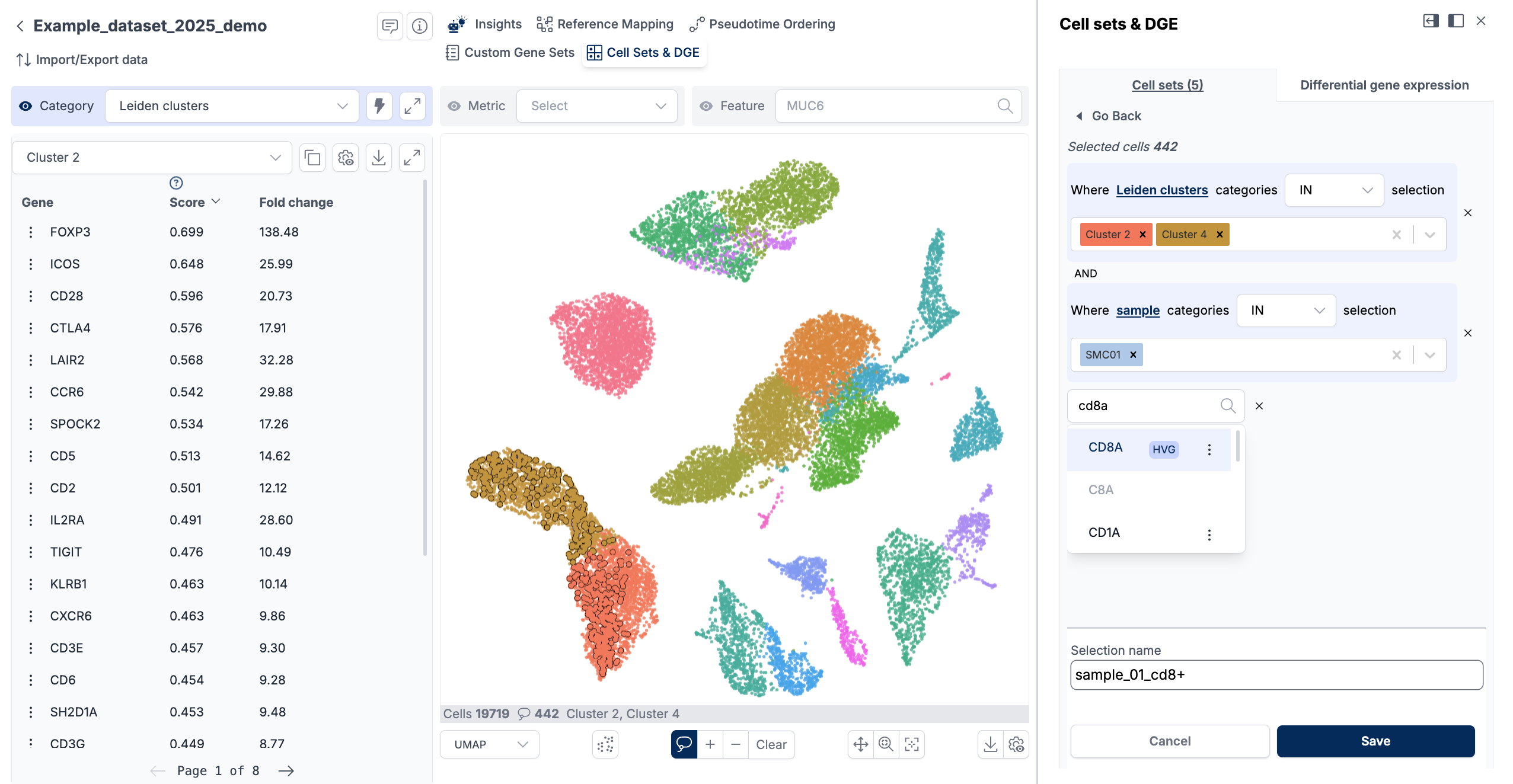 ScarfWeb advanced cell filtering interface for creating custom cell sets from clusters, metadata, and experimental conditions to compare markers across groups.