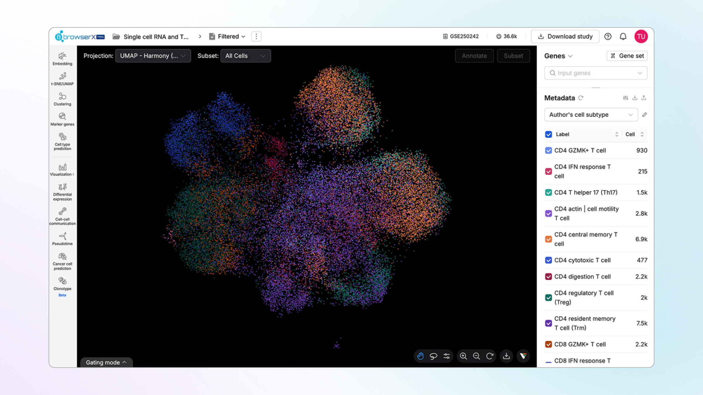 BBrowserX Pro interface showing large-scale single-cell UMAP exploration and reference-based cell type annotation