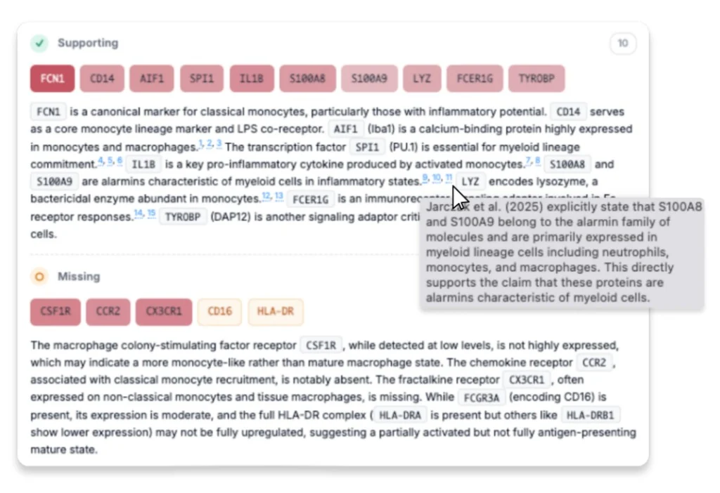CyteType marker evidence view with inline PubMed citation tooltips showing author, year, and supporting claim for each gene marker