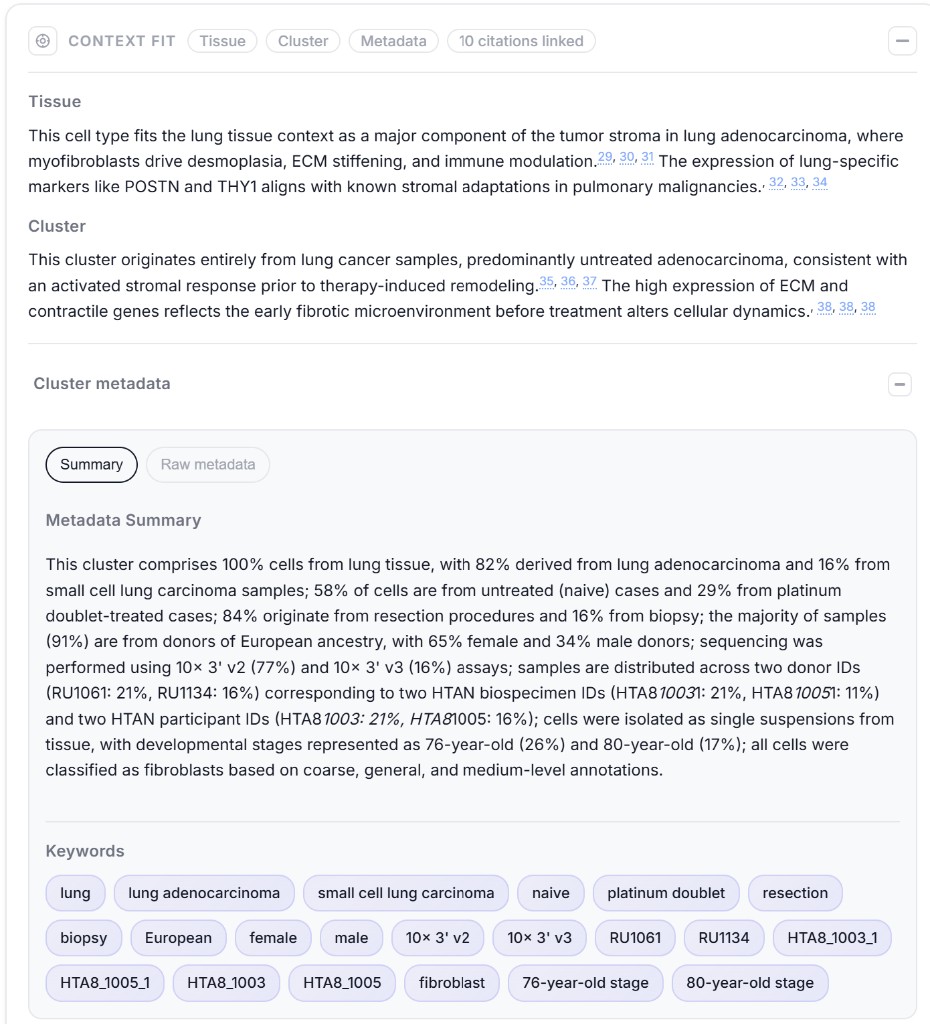 CyteType context fit section showing tissue, cluster, and metadata summaries with donor demographics, sample origins, and study-specific keywords