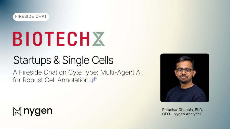 BIOTECH XYZ fireside event graphic for Startups and Single Cells with Parashar Dhapola, PhD, CEO of Nygen Analytics, and Nygen branding.