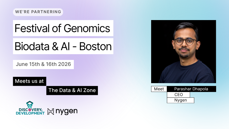 Promotional graphic for Drug Discovery Europe 2026 in Berlin, June 15 to 16, with Nygen at the Data and AI Zone and Parashar Dhapola, CEO, on a pastel gradient background.