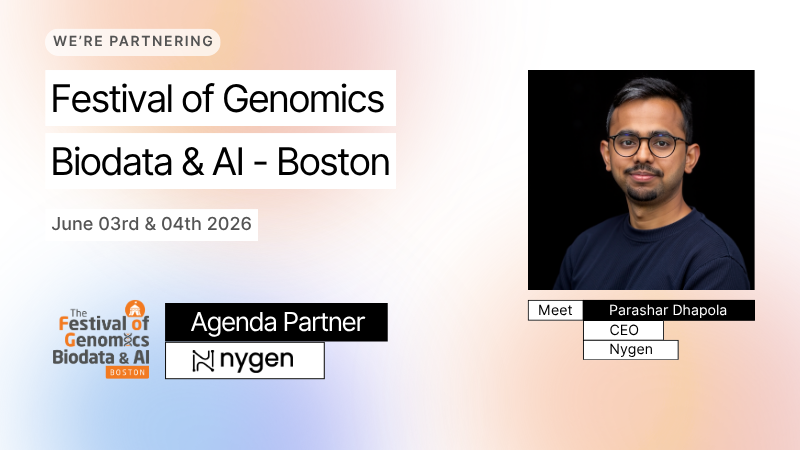 Promotional graphic for Festival of Genomics Biodata and AI Boston, June 3 to 4, 2026, with Nygen as Agenda Partner and Parashar Dhapola, CEO, on a pastel gradient background.