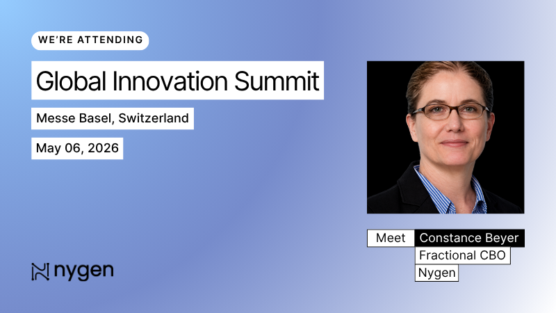 Cover image for the Global Innovation Summit 2026, Messe Basel, May 6, 2026, with Constance Beyer, Fractional CBO at Nygen, on a blue gradient background.