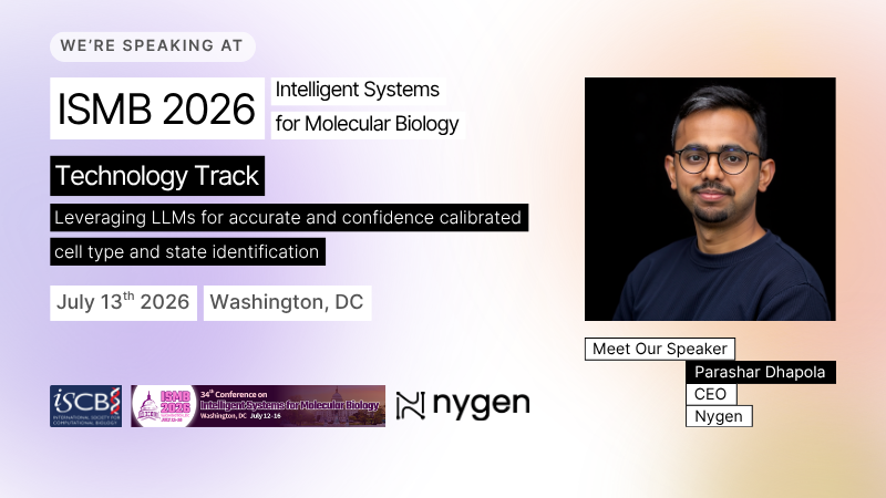 Promotional graphic for ISMB 2026 in Washington, D.C., July 12 to 16, 2026, with Parashar Dhapola, CEO of Nygen, presenting in the Tech Track on a pastel gradient background.