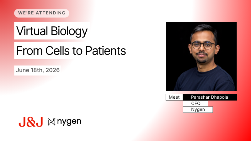 Promotional banner for Johnson & Johnson R&D Symposium 2026, Virtual Biology From Cells to Patients, June 18, 2026, Beerse, with Parashar Dhapola, CEO of Nygen, J&J and Nygen logos, and a speaker portrait on a white background with soft red edges.
