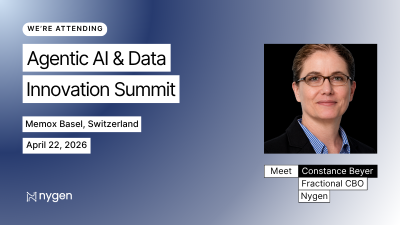 Cover image for the QIAGEN Agentic AI and Data Innovation Summit, April 22, 2026, in Basel, with Constance Beyer, Fractional CBO at Nygen, on a blue background.
