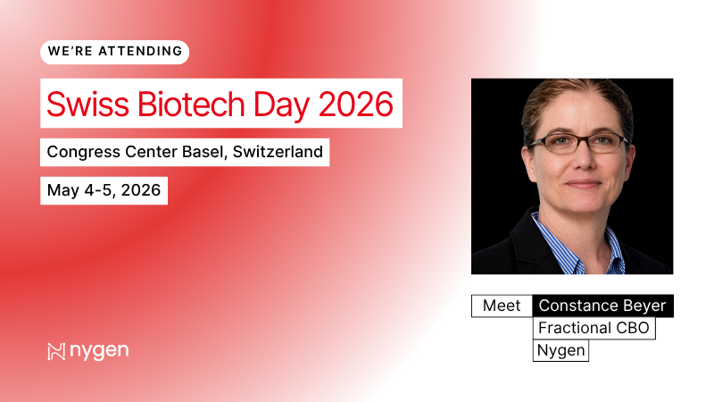 Cover image for Swiss Biotech Day 2026, Congress Center Basel, May 4 to 5, 2026, with Constance Beyer, Fractional CBO at Nygen, on a red background.